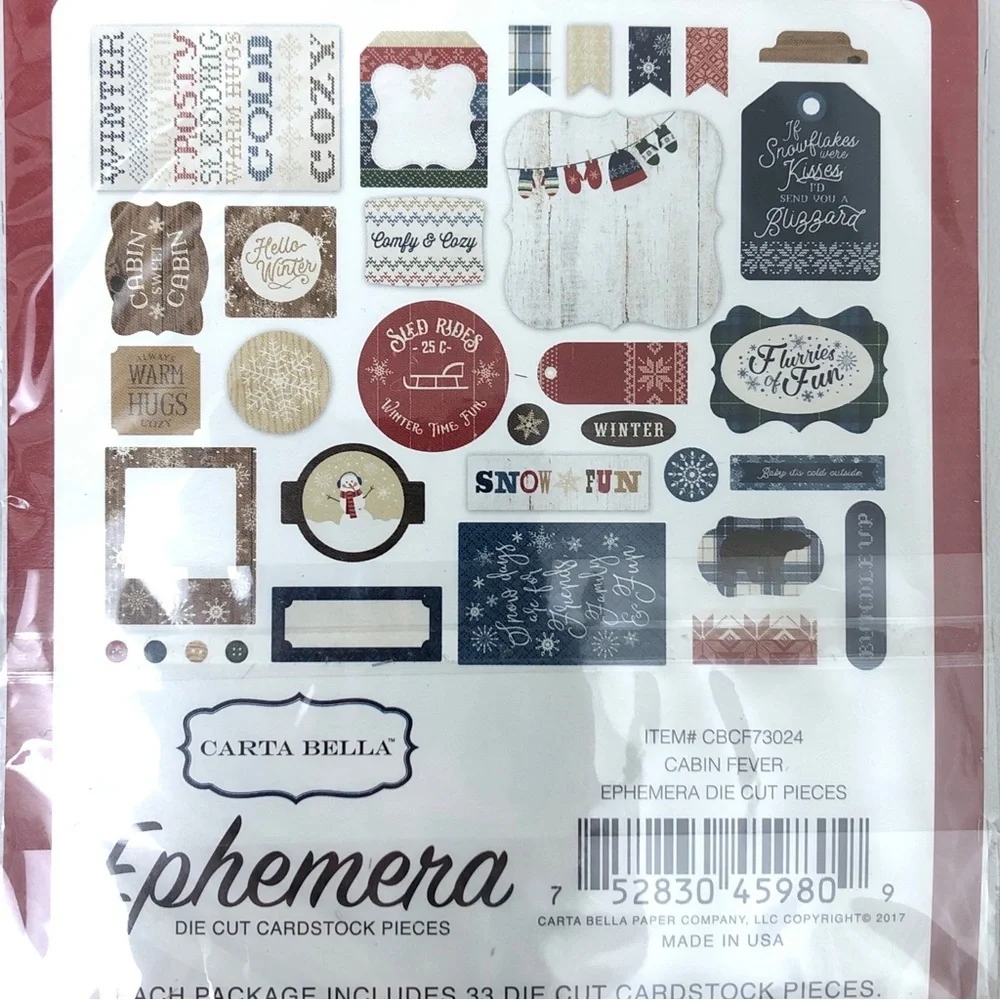 Carta Bella Cabin Fever Christmas Ephemera Die cut Card Stock Pieces + Card Lot